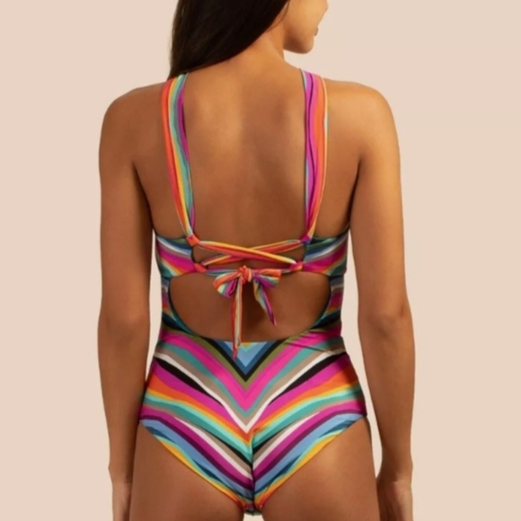 Trina Turk Louvre Reversible Multicolor and Teal Halter One-Piece Swimsu… - Picture 4 of 9